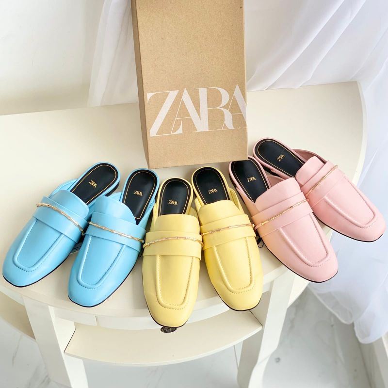 Sepatu selop flat Zara pink blue yellow biru kuning