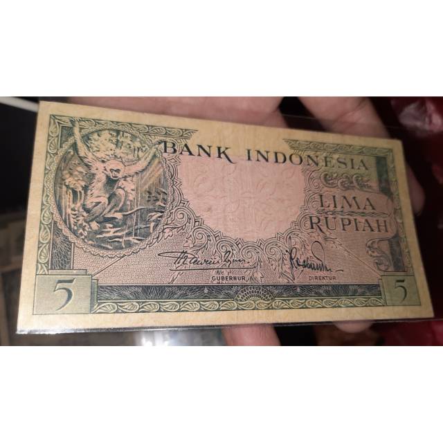 Uang kuno 5 rupiah seri hewan 1957 no seri cantik 5 FF 80149