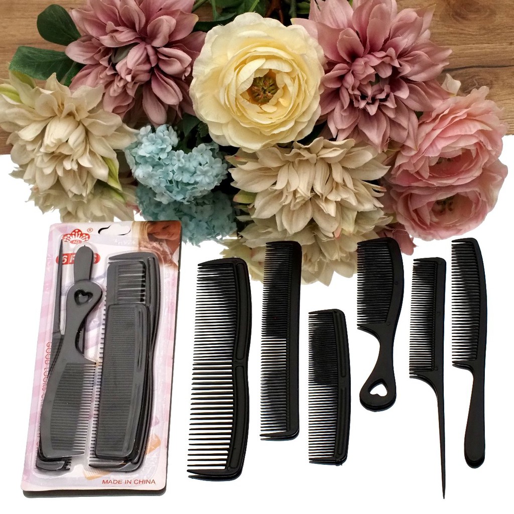 Sisir Rambut SET ISI 6 PCS Hitam Polos Sisir Salon Serbaguna Hair Styling Sisir Potong Ekor Tipis Rata Murah 6 in 1