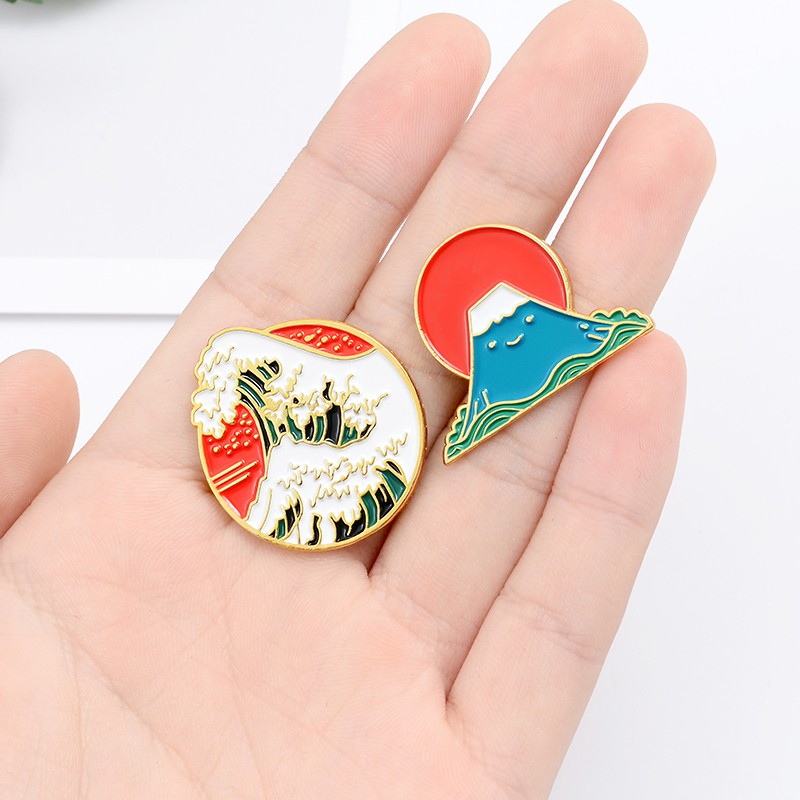 Bros Pin Enamel Desain Kartun Sun Mount Fuji Ombak Laut Untuk Hadiah Teman