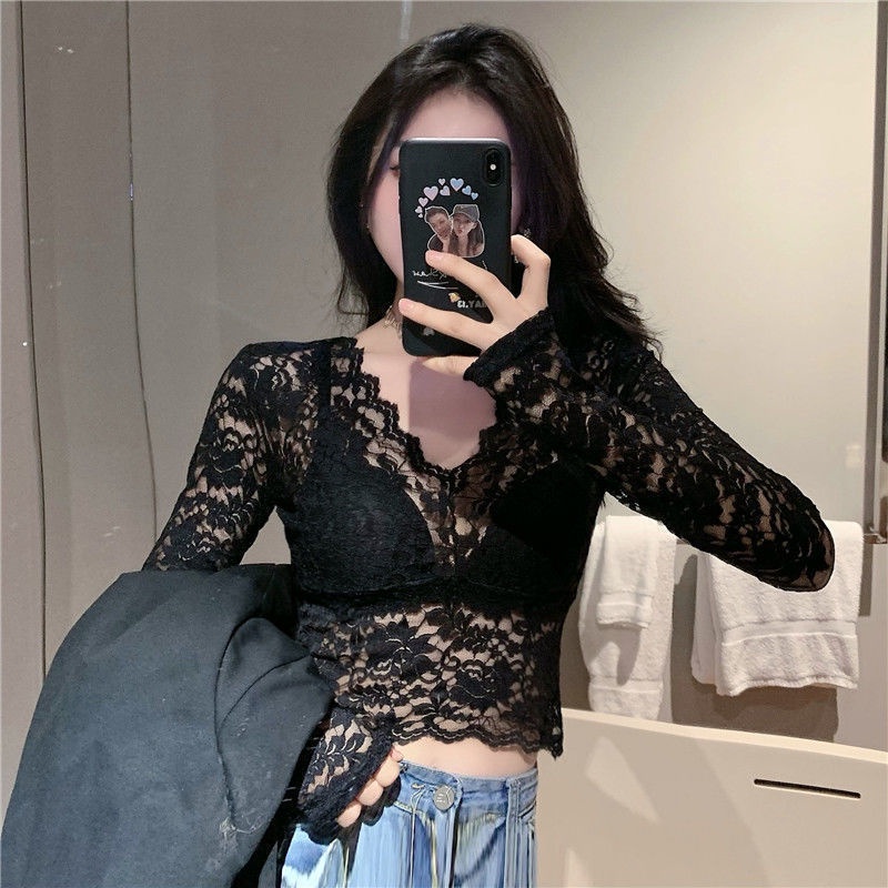 atasan renda import lace bottoming shirt women v-neck sexy mesh with foreign high-end small top shor