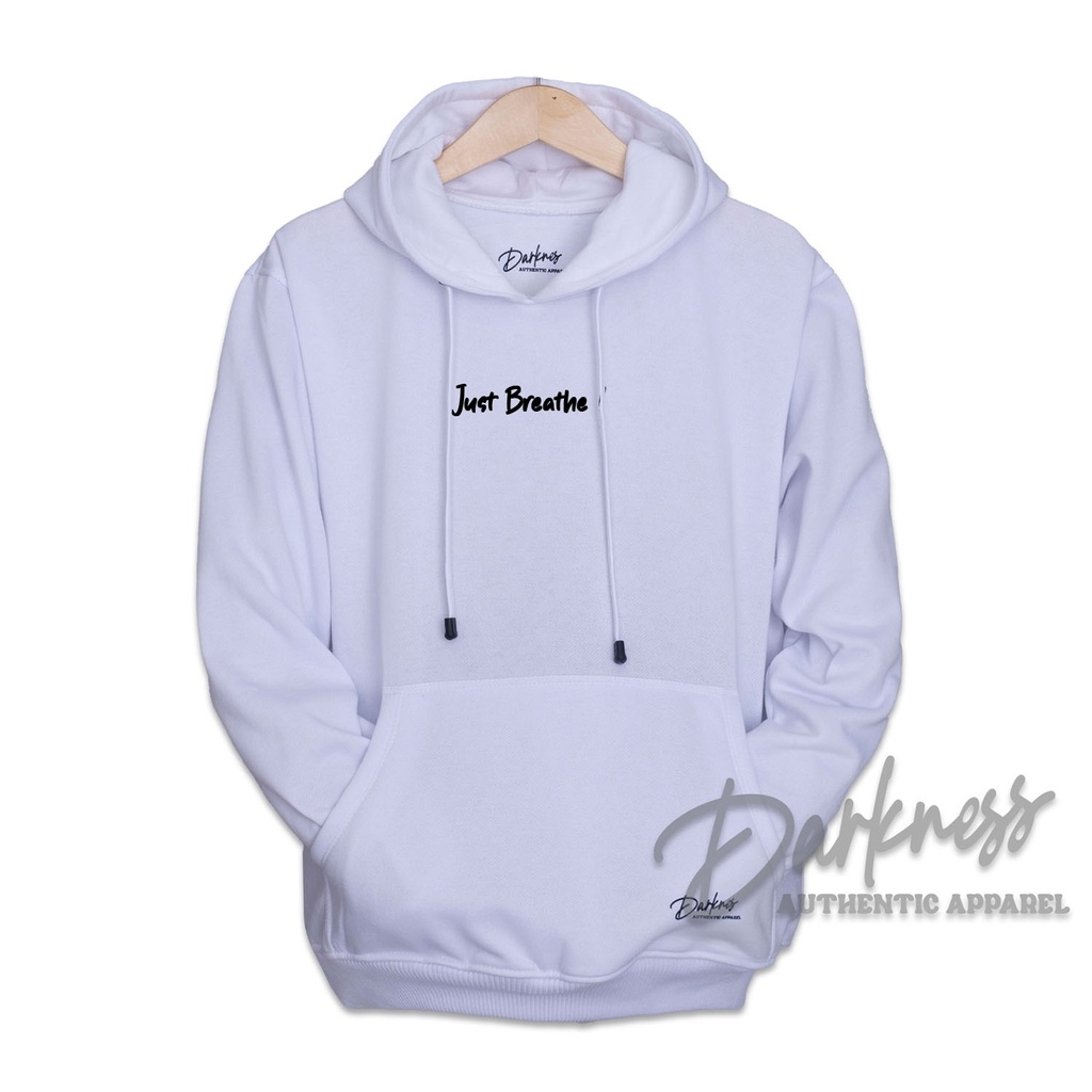 Cod Hoodie Pria Sablon Just Breathe Putih / Switer Laki / Hodie Polos / Sweater Pria Sablon / Jaket 