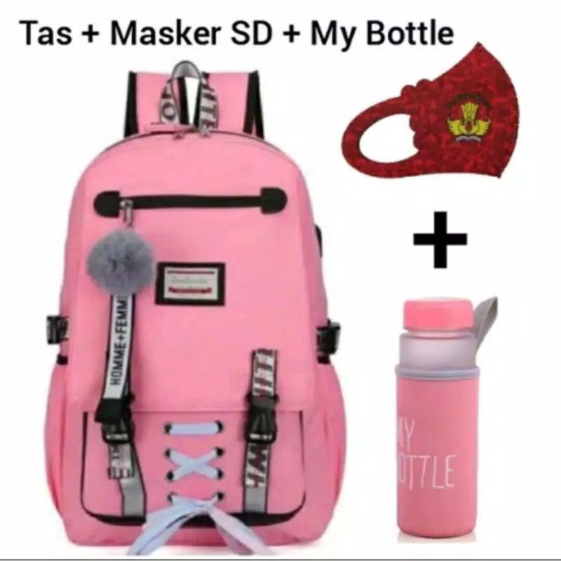 Tas Sekolah SD Wanita Backpack Perempuan Plus Pompom Masker dan My Bottle-Pink