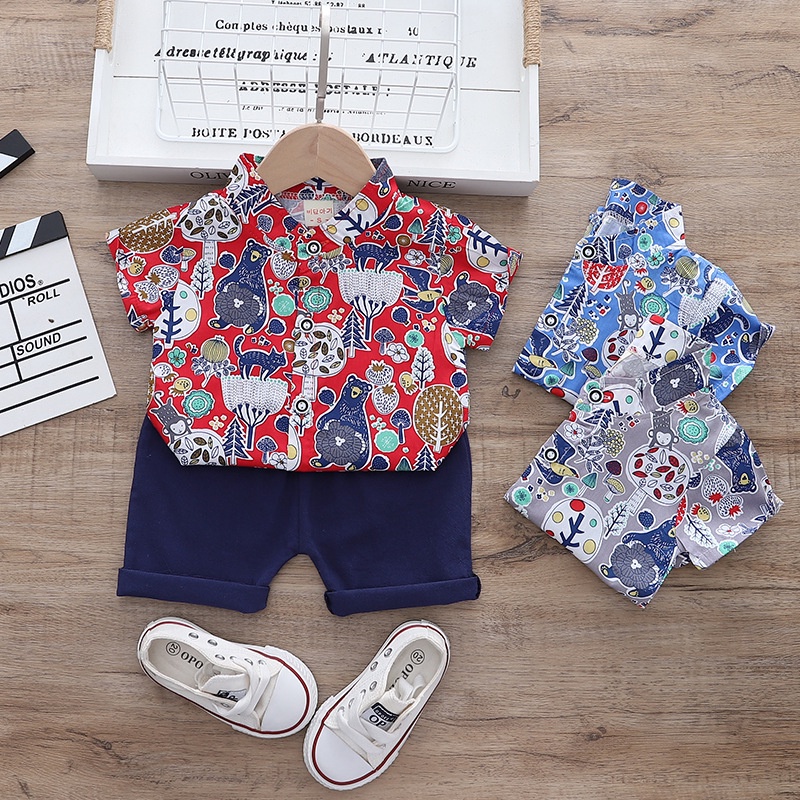 DinoDino SETELAN BAJU KEMEJA ANAK LAKI-LAKI MOTIF ANIMAL JUNGLE IMPORT PAKAIAN KERAH SHANGHAI BAYI U