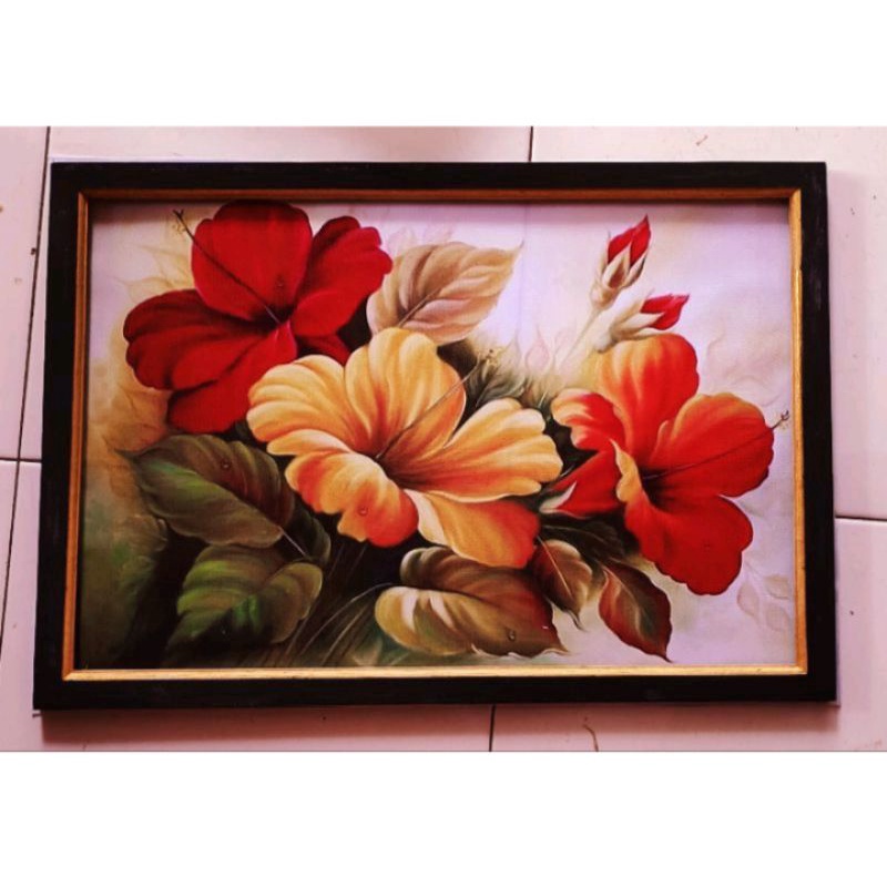 Lukisan cetak bunga Sepatu plus bingkai ukuran 65x45