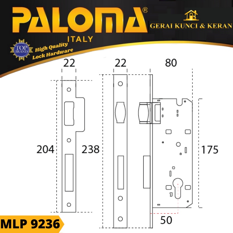 PALOMA MLP 9236 MORTISE LOCK ROLLER 50 MM EXCLUSIVE ITALY GOLD EMAS PB
