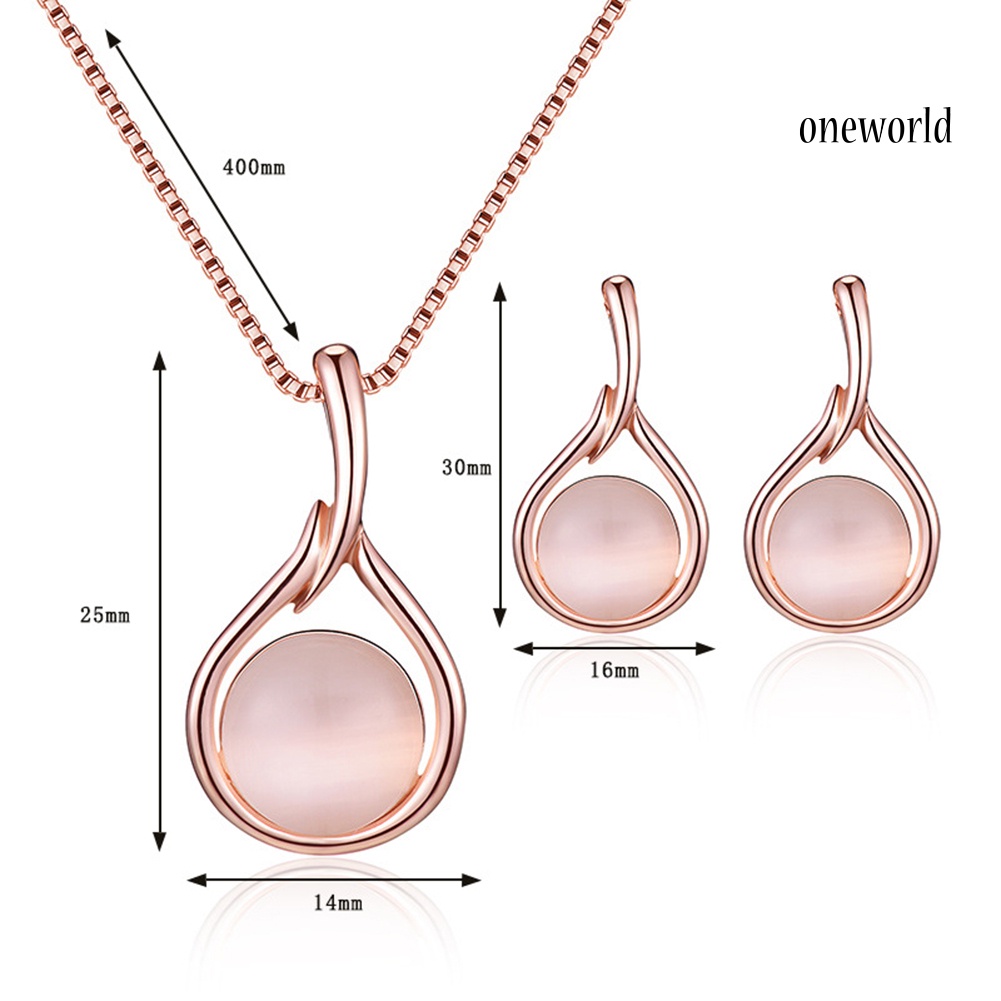 OW@ Women Round Shape Faux Opal Pendant Necklace Ear Stud Earrings Jewelry Set Gift