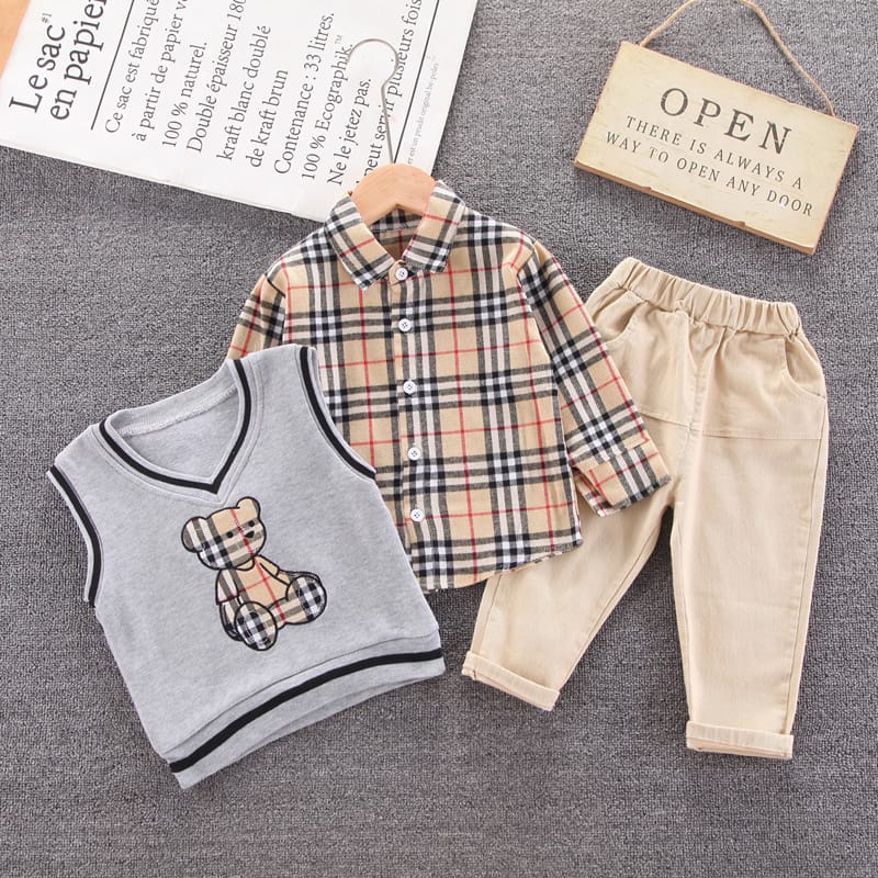 [COD] setelan anak laki laki keren 3in1 motif vest burcream &amp; burgrey import premium baby lovanta