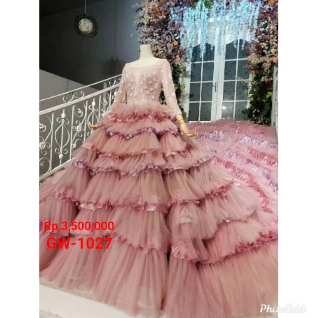 Gaun Wedding Pengantin Merah Muda Mewah Lengan Mutiara Bordir