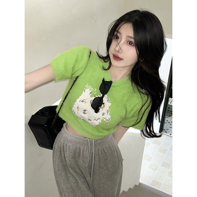 #Sisjuly# Wanita Murni Desire Lengan Pendek Sweater Rajut Wanita Musim Panas Pendek Gadis Panas Keta