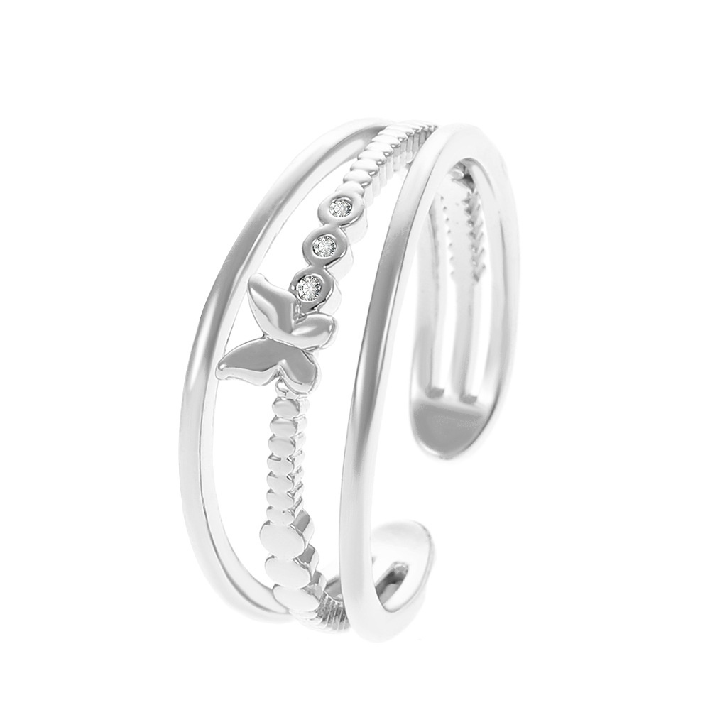 Cincin Model Terbuka Tiga Lapis Desain Kupu-Kupu Hollow Warna Emas Bahan Metal