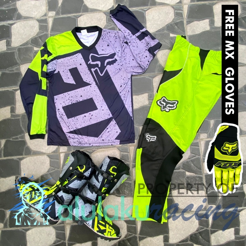 Jersey, Celana, Sarung Tangan &amp; Sepatu Fullprint with Protectors Fullset MX Trail Motocross - Paket Bundling FOCTFF030401-F44