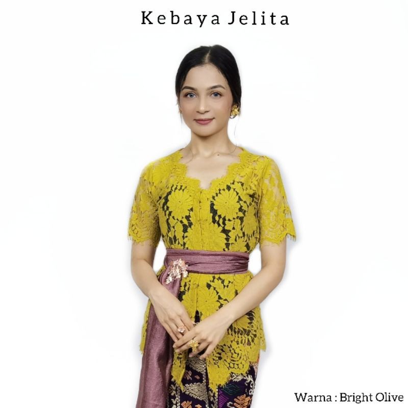 Atasan Kebaya Bali Sabrina Lengan Pendek Semifrance Jelita-Bright olive
