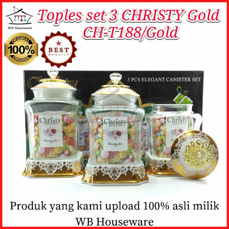 toples set 3 kaca motif Gold kue / permen CHRISTY CH-T188/Gold