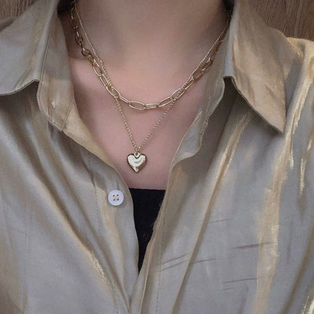 Double Layer Necklaces Trendy Charm Love Heart Tukundi Cold Wind Metal Wind Clavicle Necklace