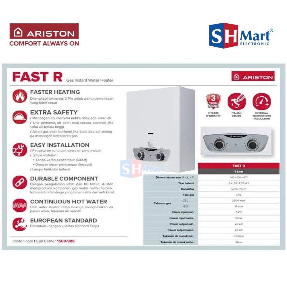 Water Heater Ariston GAS Type Fast R 10 Liter ( Medan)