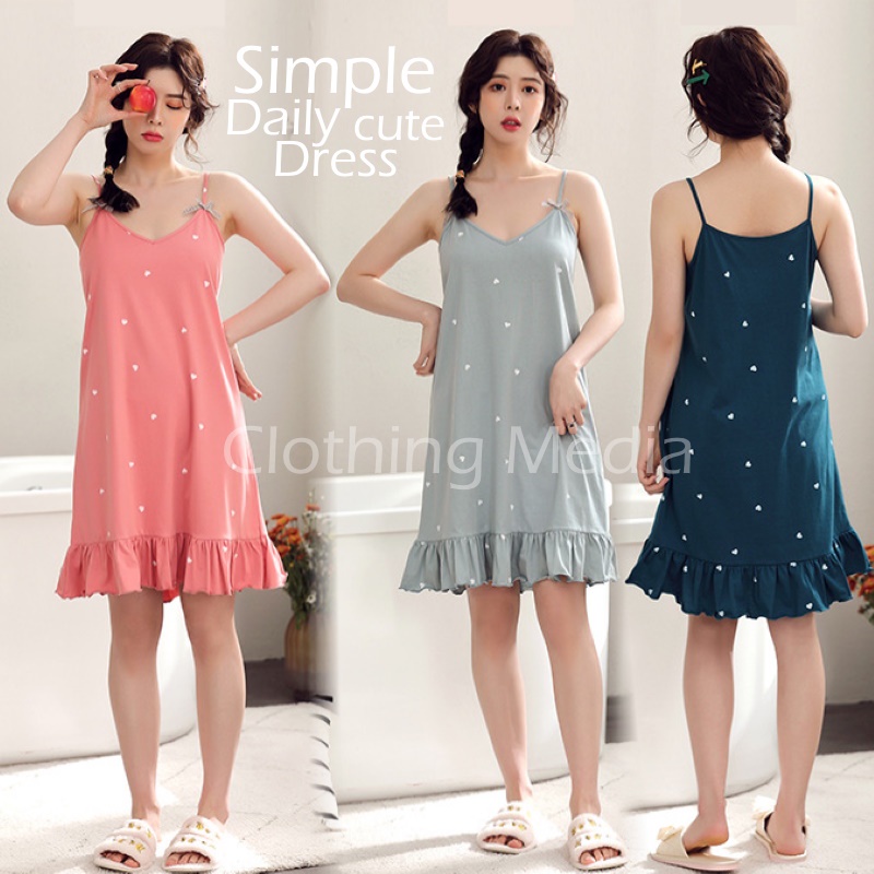 Baju Tidur Wanita Simpel Bahan Katun Korean Ruffle Daily Dress Santai