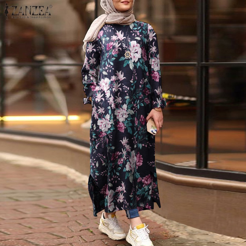ZANZEA Women Long Sleeve Floral Vintage Oversized Muslim Long Dress