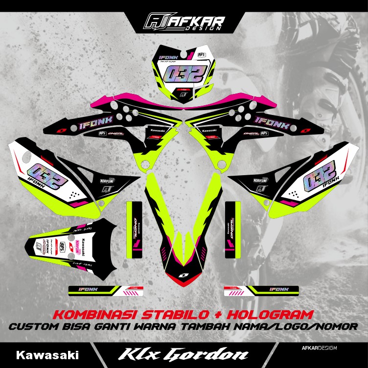 DECAL KLX GORDON KOMBINASI CHROME HOLOGRAM + KUNING FLUO (STABILO)