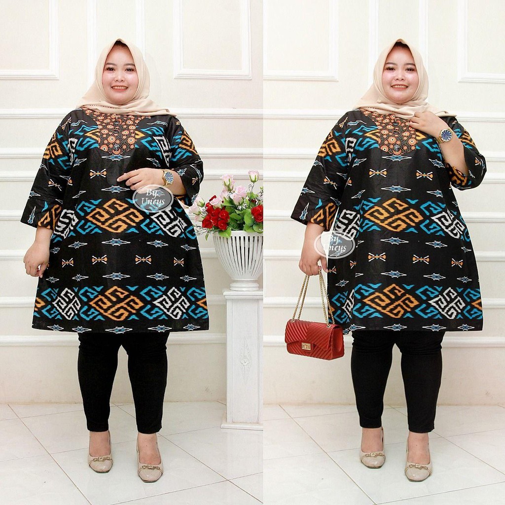 Tunik Batik Wanita Ukuran Jumbo LD 140cm Resleting Belakang Bahan Katun Adem Di Pakai Serap Keringat