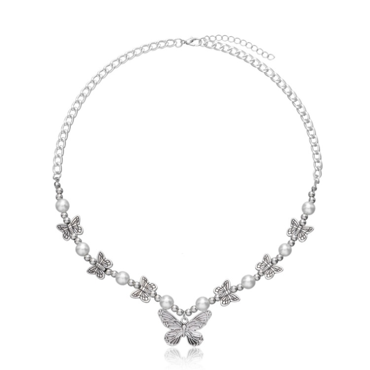 Kalung Rantai Pendek Desain Kupu-Kupu Warna Silver Gaya Vintage Untuk Wanita