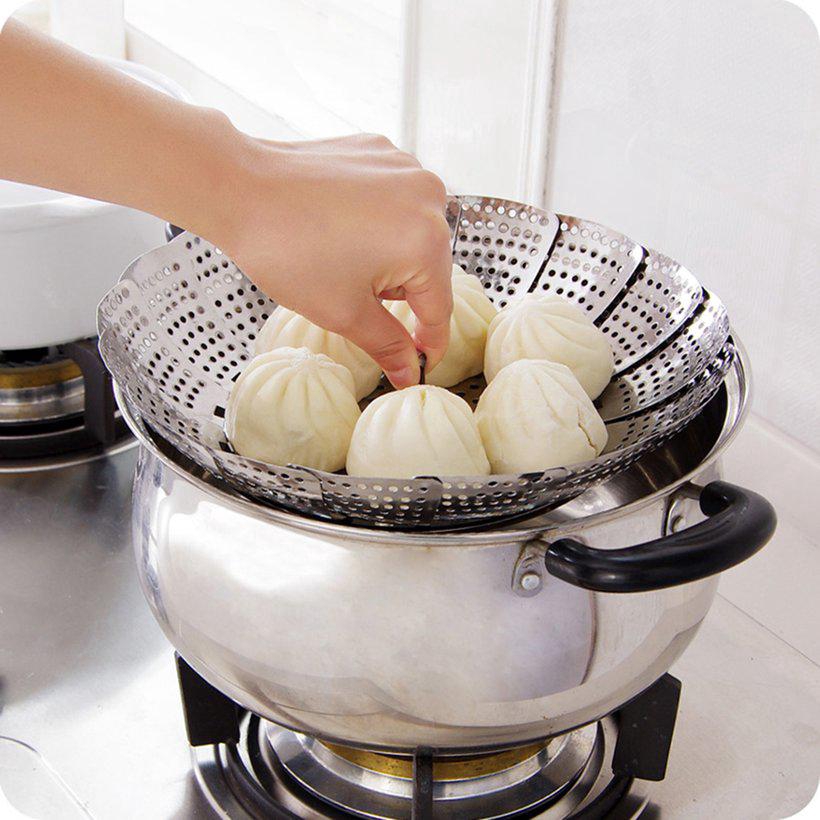 Keranjang Steamer Makanan/Panci Jaring Kukus Ikan Telur Lipat Yang Dapat Ditarik/Tempat Penyimpanan Rak Makanan Kukus Bun Stainless Steel/Expandable Mesh Steamer Cookware Alat Dapur