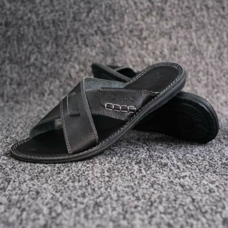 BRLN 002 Black Sandal Pria Casual Kulit Asli Sendal Santai Harian Main Kerja