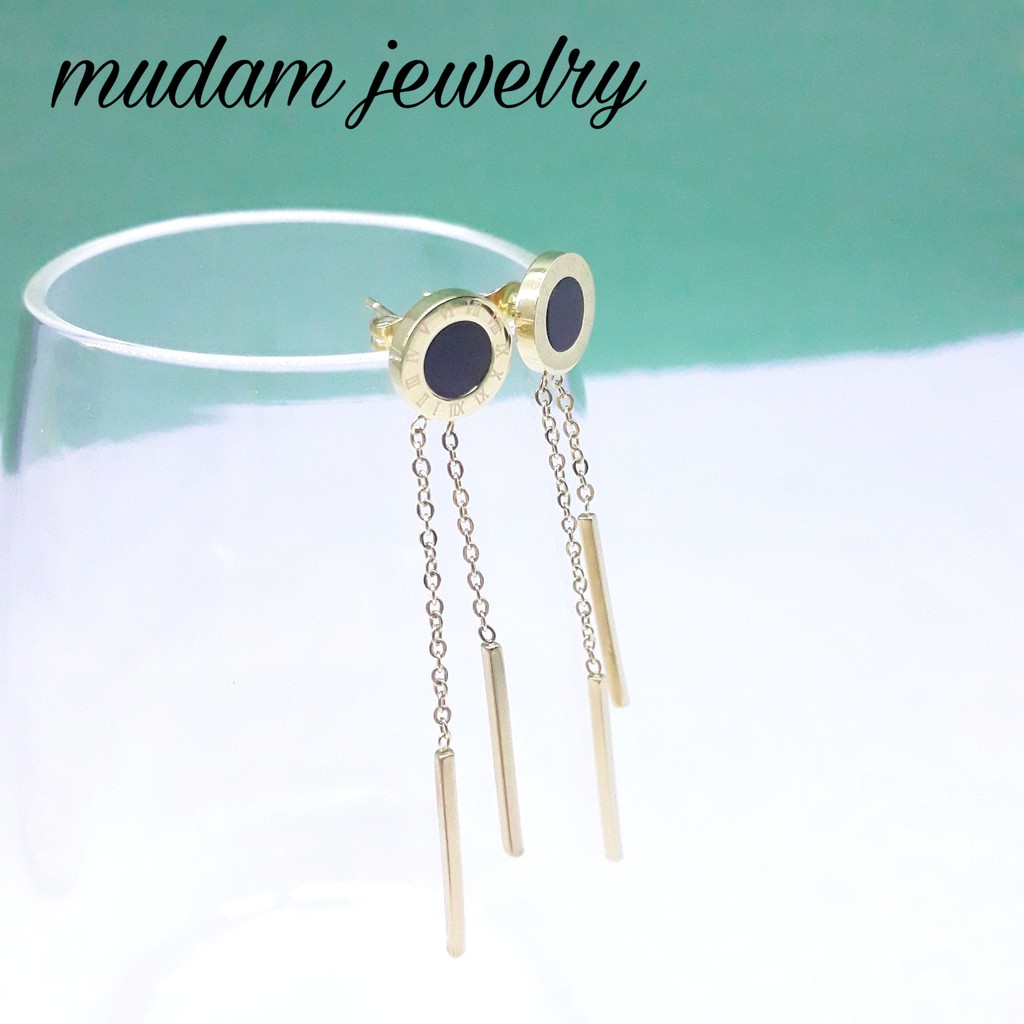 Anting Titanium Romawi Bulat Hitam Roman Juntai Gold dan Rose Gold