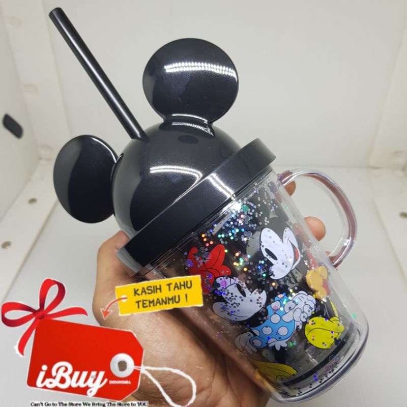 Miniso Cute Mickey Mouse Ears Tumbler Botol Minum With Sedotan 280ml Black