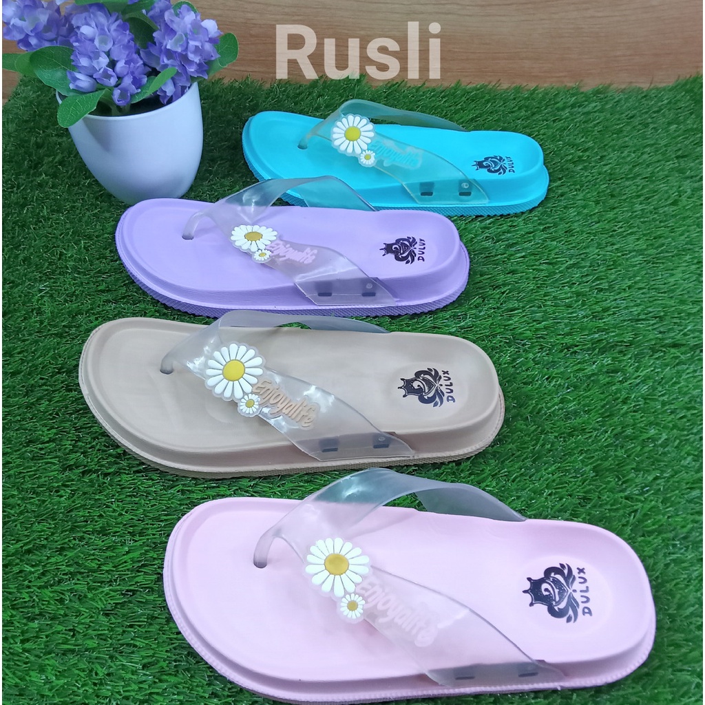 (COD) Sandal Jepit Wanita Tali Bening Motif Bunga Enjoy Life Dulux 336B