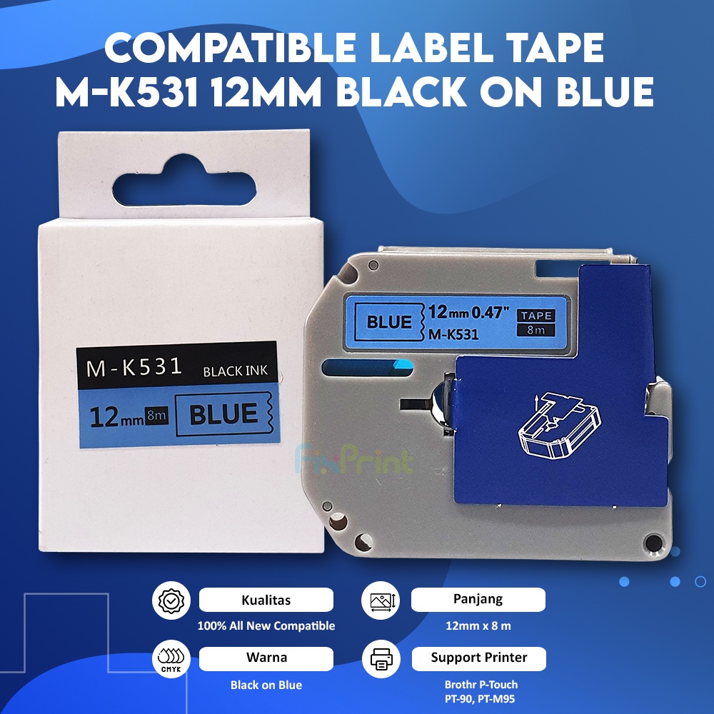 Compatible Label Tape M-K531 12mm Black On Blue, Casette MK 231 12mm x 8mm Printer Brothr P-Touch PT-90 PT-M95