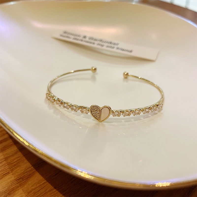 Gelang Model Terbuka Dapat Disesuaikan Desain Hati Bahan Zirkon Gaya Korea Untuk Wanita