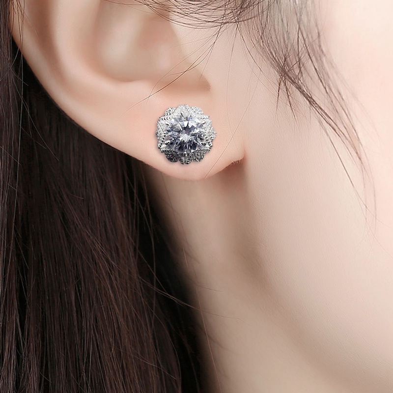 Anting Stud Cubic Zirconia Desain Bunga Sparkling Untuk Wanita