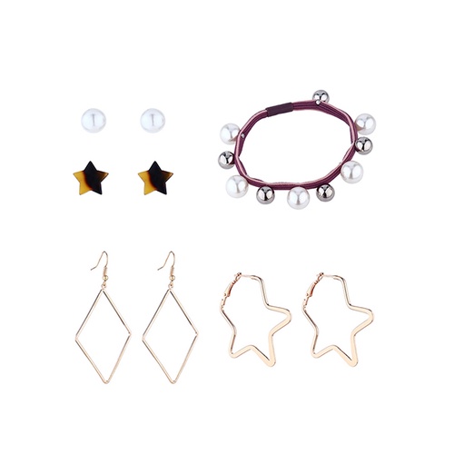 LRC Perhiasan Set Fashion Golden Resin Little Star Pearl Earring Hair Set Y64123