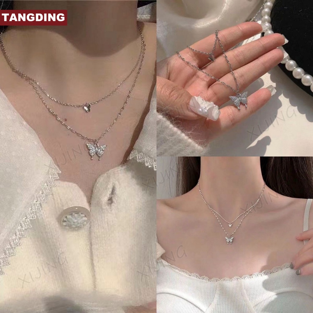 【COD Tangding】Double Butterfly Necklace New Fashion Tide Neck Chain Female INS Korea Joker Collarbone Chain Necklace Jewelry