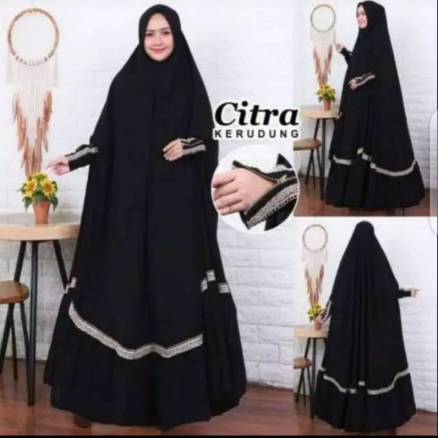 Khimar Jumbo One piece Jubah Jetblack Manset Zipper variasi Lis Warna Renda Premium