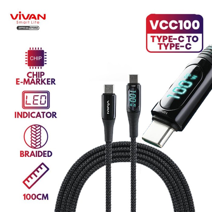 KABEL TYPE C TO TYPE C VIVAN VCC100 LED 5A 1M 20V