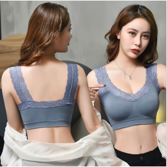 BV.ID BR025 BH WANITA SPORTS BRA V-NECK AKSEN HEM LACE DENGAN PAD BUSA UNTUK YOGA COD