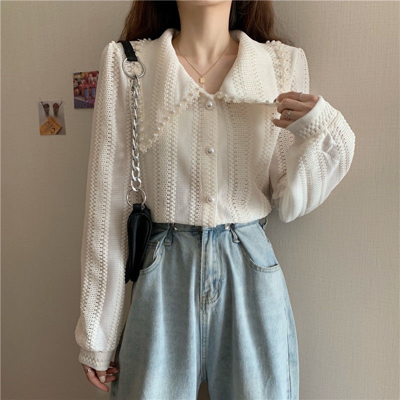 Blus Korea Wanita Potongan Longgar Lengan Panjang Puff Bahan Shifon Model Renda blouse wanita korea atasan wanita-7