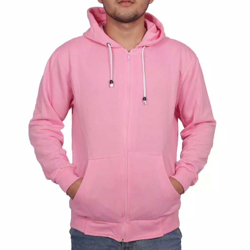 INDO - Jaket Hoodie Zipper Polos Pria Wanita | Sweater Hodie Pullover Premium Distro Pink