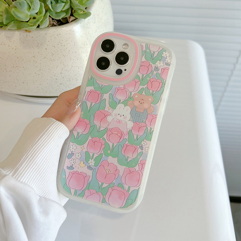 Lucu Tulip Bear &amp; Kelinci Ins Pretty Big Eyes Silicone Soft Case IPhone 7 8 Plus X XR XS Max IPhone 11 Pro Max 12 13 Pro Max SE 2020 Cover