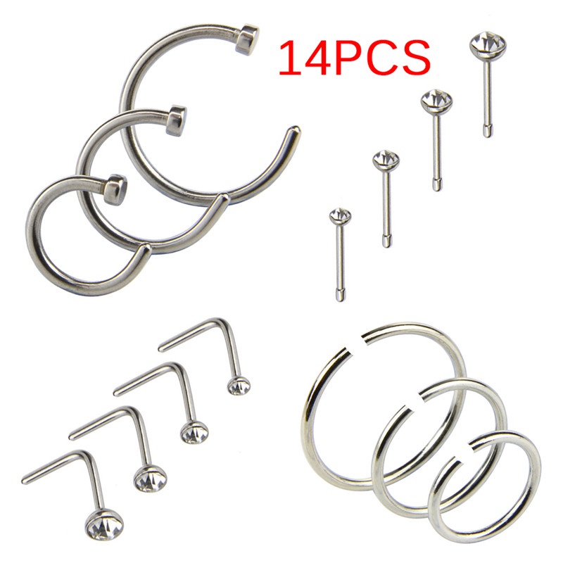 14pcs / set Anting Tindik Hidung Bahan Stainless Steel