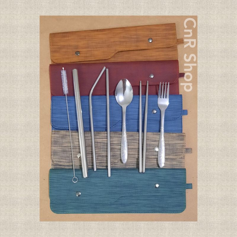sendok set garpu sumpit travel sedotan stainless pouch
