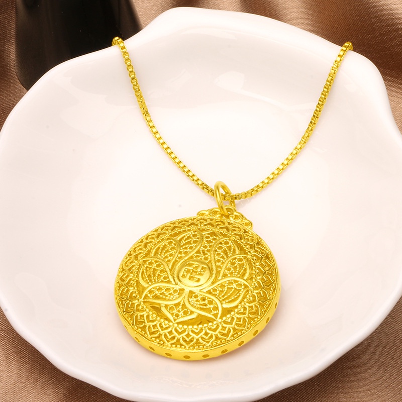 Kalung Emas Imitasi 18K Liontin Enam Kata Mantra Hollow Gaya Cina Retro Untuk Pria Dan Wanita