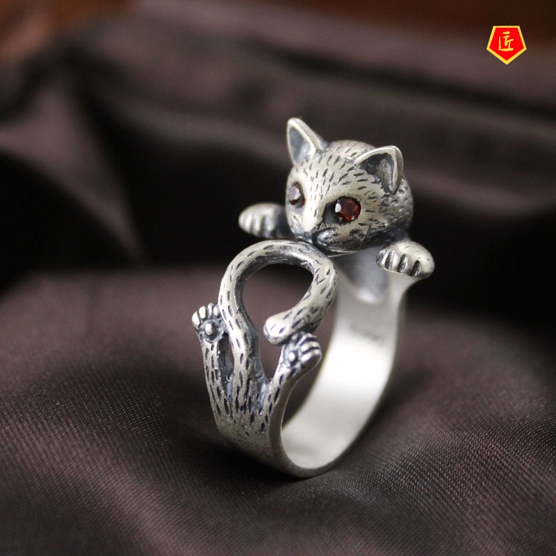 [Ready Stock]Women's Fashion Retro Lucky Cat Silver Ring