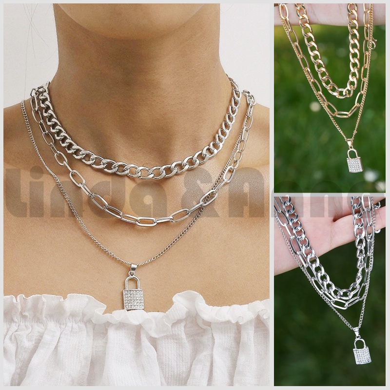 Kalung Rantai Liontin Gembok Gaya Vintage Punk Bahan Metal Warna Gold/Silver Untuk Wanita