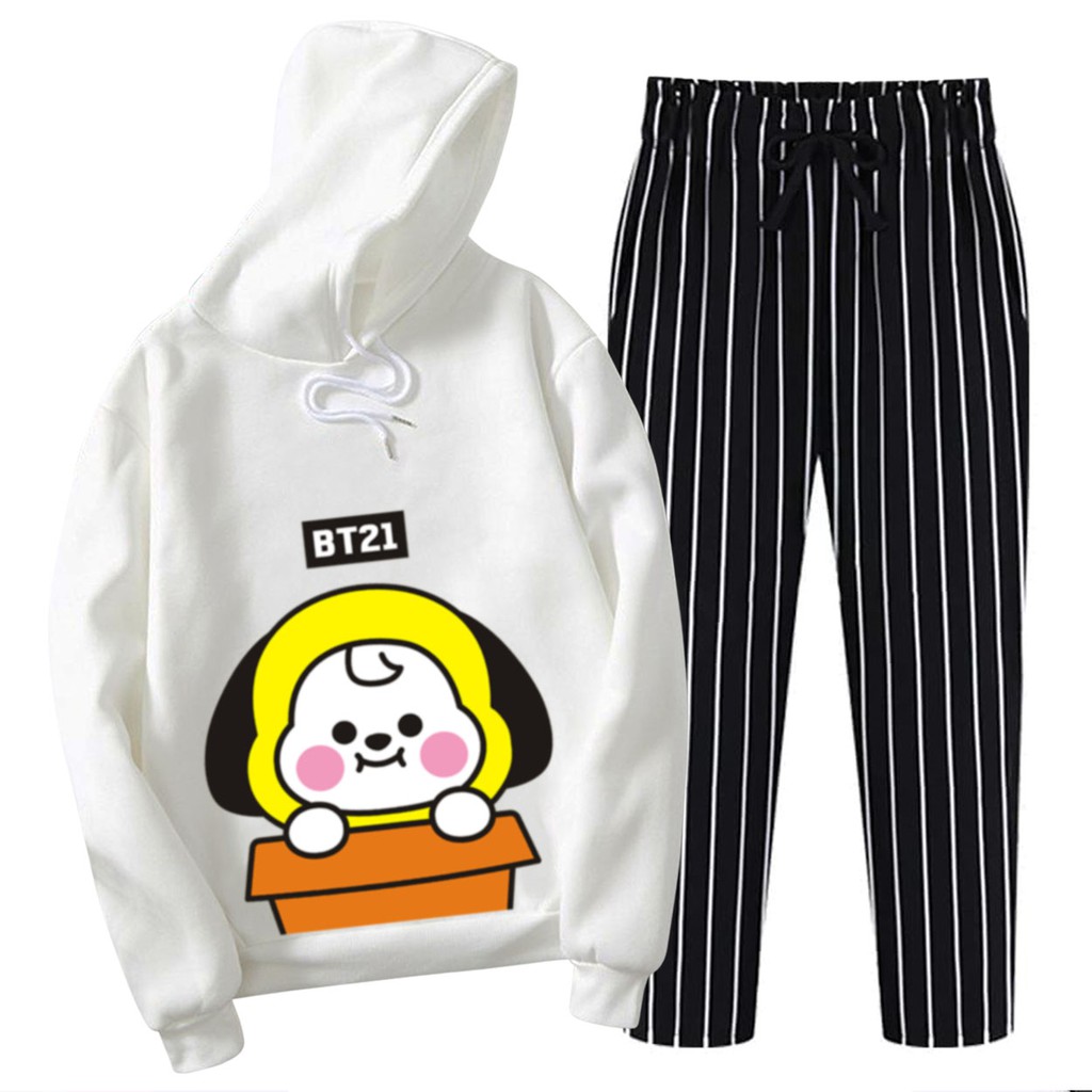 BESS - Setelan Hoodie Wanita Murah / Setelan Hoodie + Celana Salur Hitam - CIMY BW