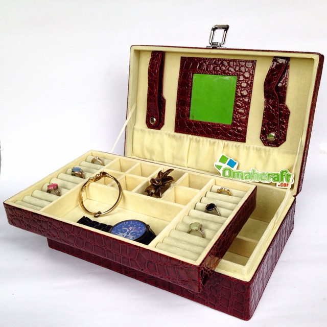 Box Aksesoris / Kotak Perhiasan Koper Motif Croco Maroon Dalam Crem