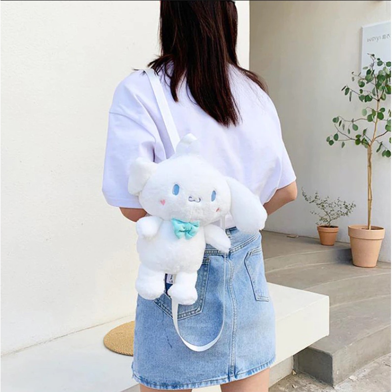 Tas ransel bulu Kawaii My Melody Cinnamoroll Sanrio Boneka Lucu Kartun Mewah Ransel Anime Mainan Lembut untuk Anak Perempuan Boneka Mainan Lembut Gif