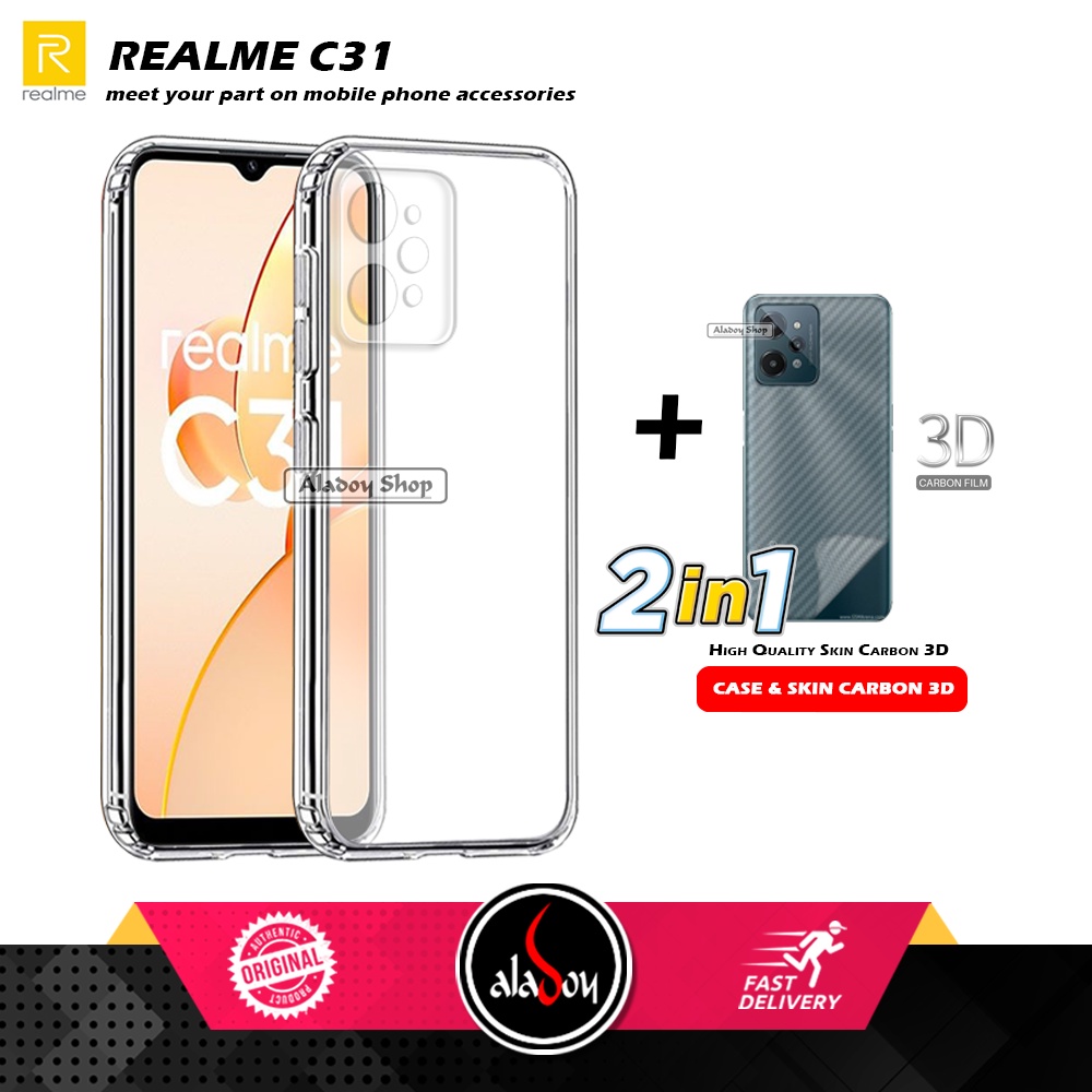 Casing Realme C31 New Case Ultrathin Premium  Softcase Clear HD + Skin Carbon 3D Film